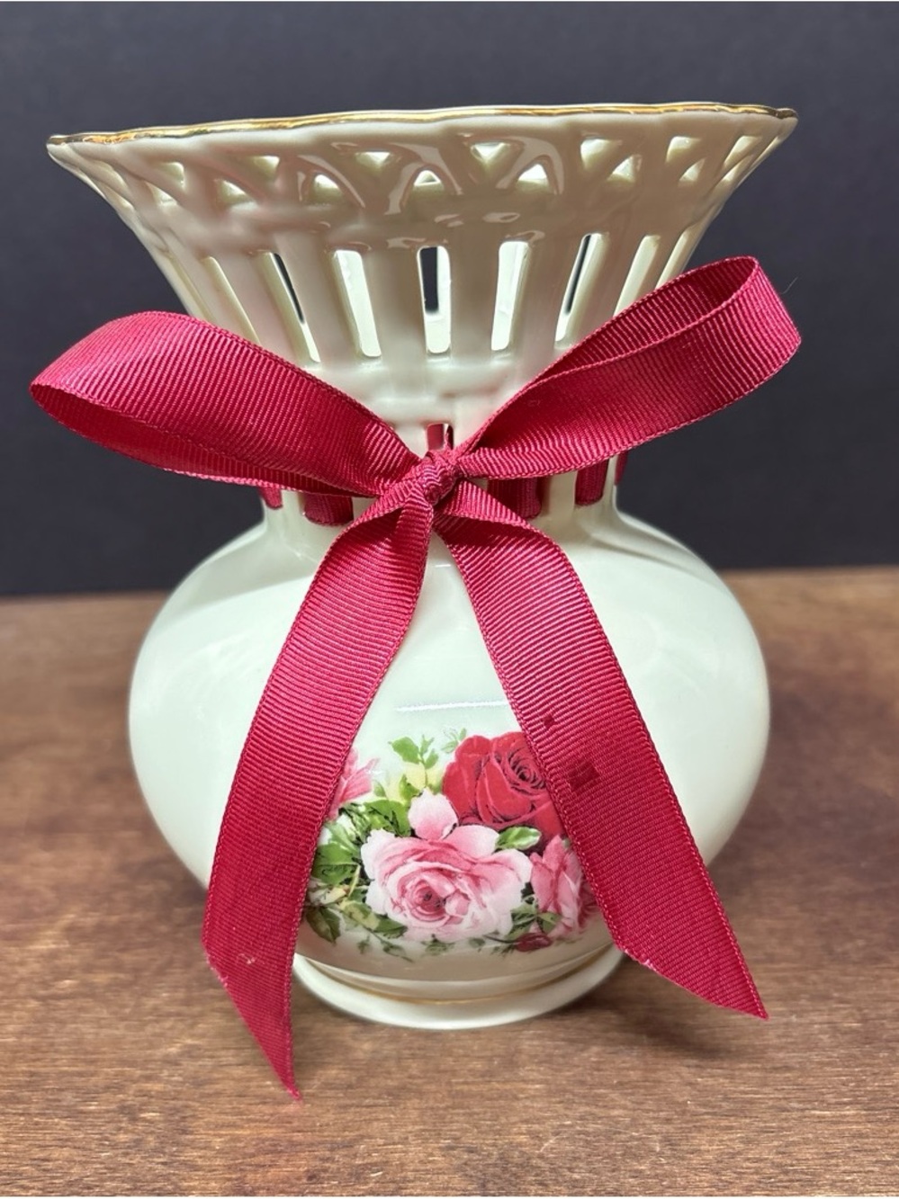 Formalities By Baum Bros Ceramic Floral Accent Vase with Pink and Red Ribbon
